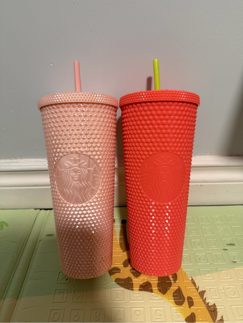 Starbucks Studded Cold Cup Duo - Soft Pink & Coral with Neon Straw